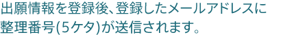 出願情報を登録後、登録したメールアドレスに整理番号(5ケタ)が送信されます。