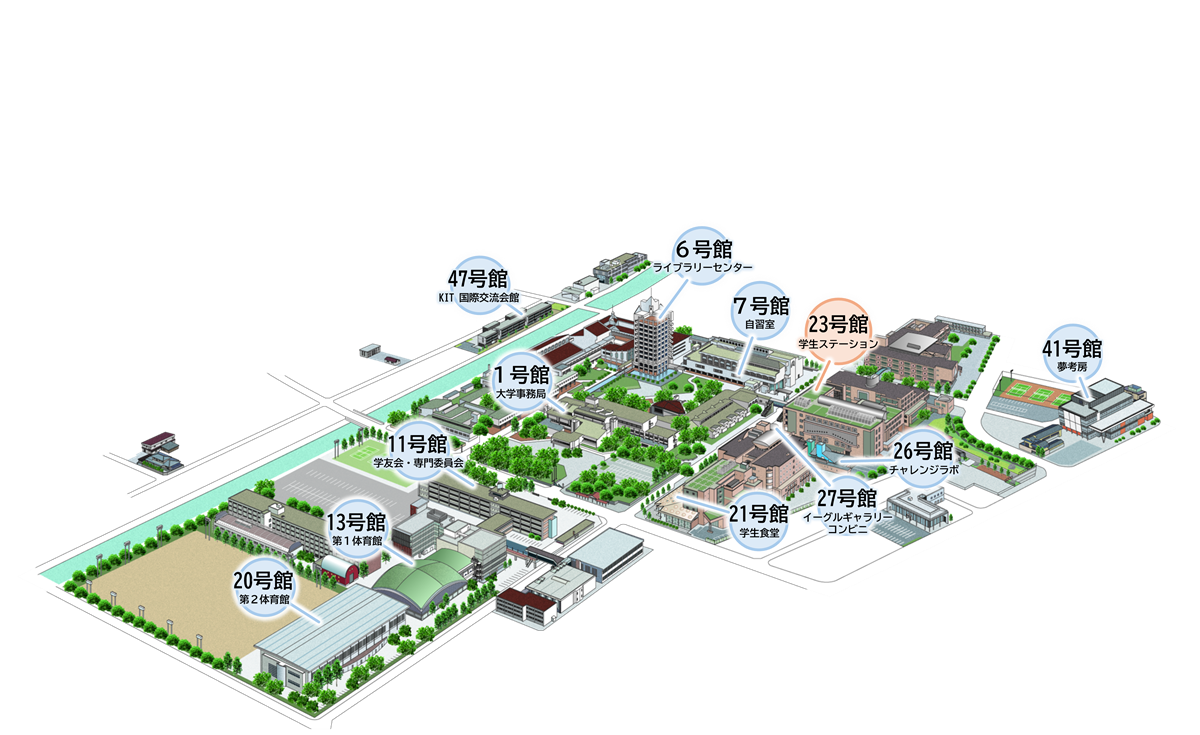 学生ステーション周辺を中心に拡大したキャンパス案内図