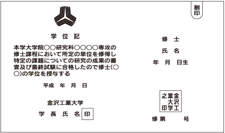 修士の学位記(特定の課題についての研究の成果の審査によるもの)
