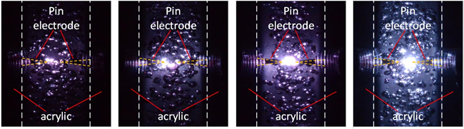 水中気泡内パルスパワー放電の様子（左から、19 kV、22 kV、25kV、28 kV印加）