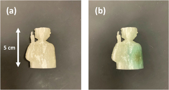 3Dプリントされた線量計。 (a)照射前。 (b)1kGyのX線（100kV連続源）を照射した後。 (b)の青緑色の着色は線量計の照射部分を示している