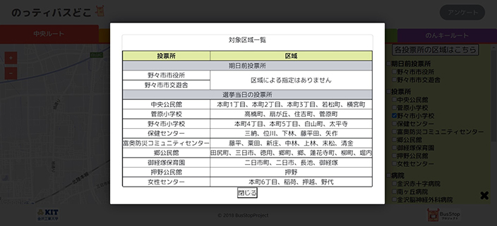 投票所表示例 ： 投票所毎の対象区域を表示