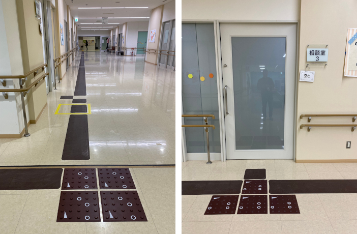 入り口前歩道と施設内1階の通路やトイレの12ヵ所に敷設された