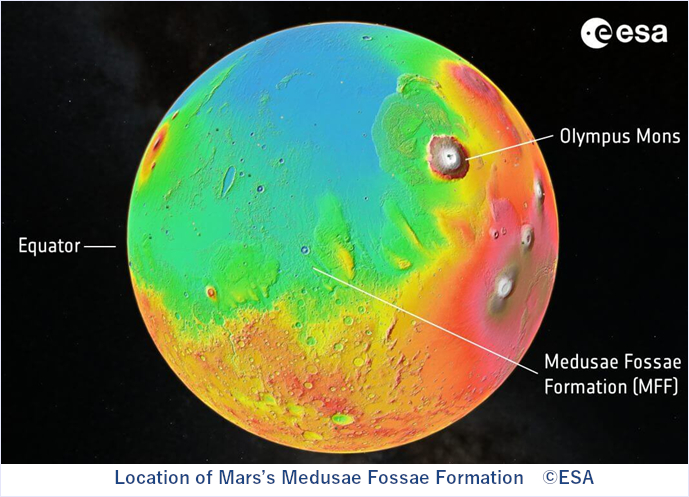 着陸候補地の「メデューサ・フォッサエ層」は特異な地質構造を持つ堆積層。 過去の火山活動に由来する堆積物や地下に水氷が存在する可能性が指摘されている 着陸候補地の「メデューサ・フォッサエ層」は特異な地質構造を持つ堆積層。<br class="hidden-sp">過去の火山活動に由来する堆積物や地下に水氷が存在する可能性が指摘されている