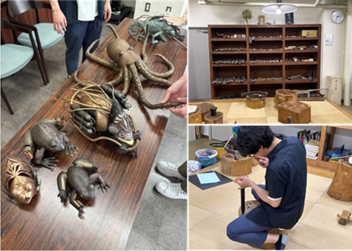 金工作家の古田さんの工房で。 <br>《Protectopus》（タコ）は幅約70cm、高さ20cm。<br class="hidden-sp">一個一個の関節を曲げることができ、「めちゃ存在感がある！」とこれに決めた