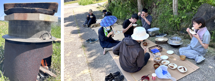 羽釜で炊いたごはんをみんなで食べる
